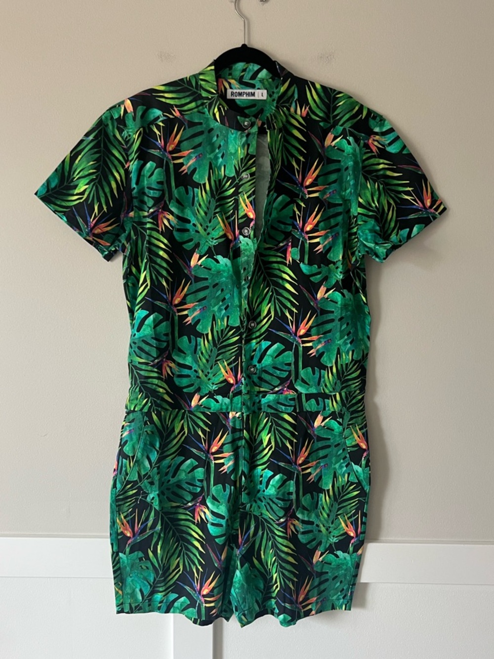 RompHim Tropical Leaf Romper Men’s L Button Front Festival Party Outfit